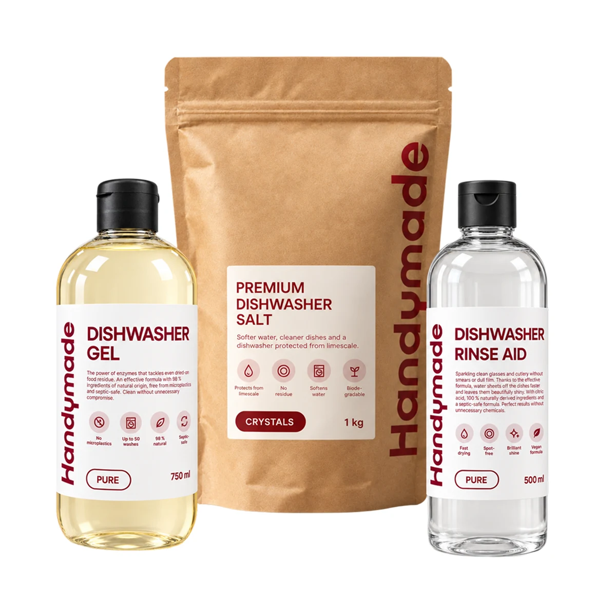 Zestaw produktów do zmywarki Pure – żel, sól i nabłyszczacz