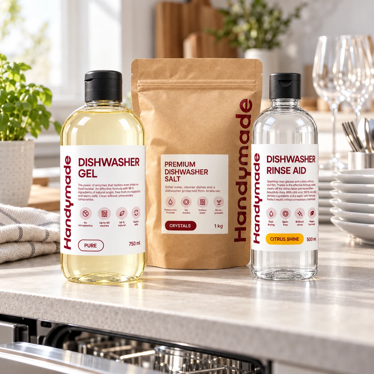 Zestaw produktów do zmywarki Pure – żel, sól i nabłyszczacz