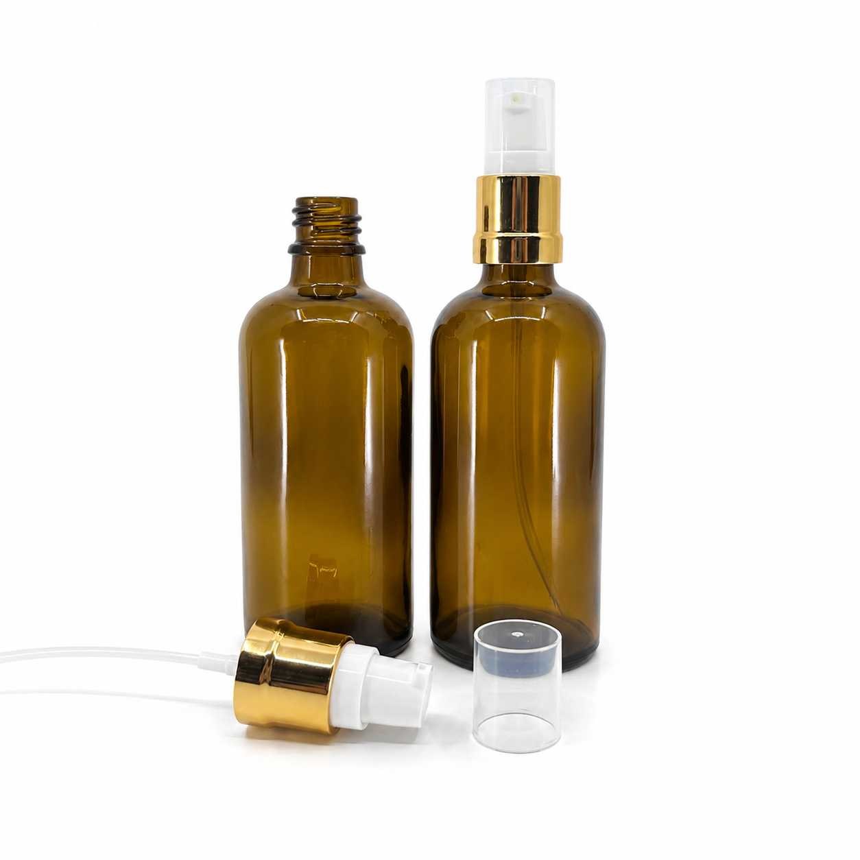 Sklenená fľaška, liekovka, hnedá, typ B, bielo-zlatý lesklý dávkovač, 100 ml