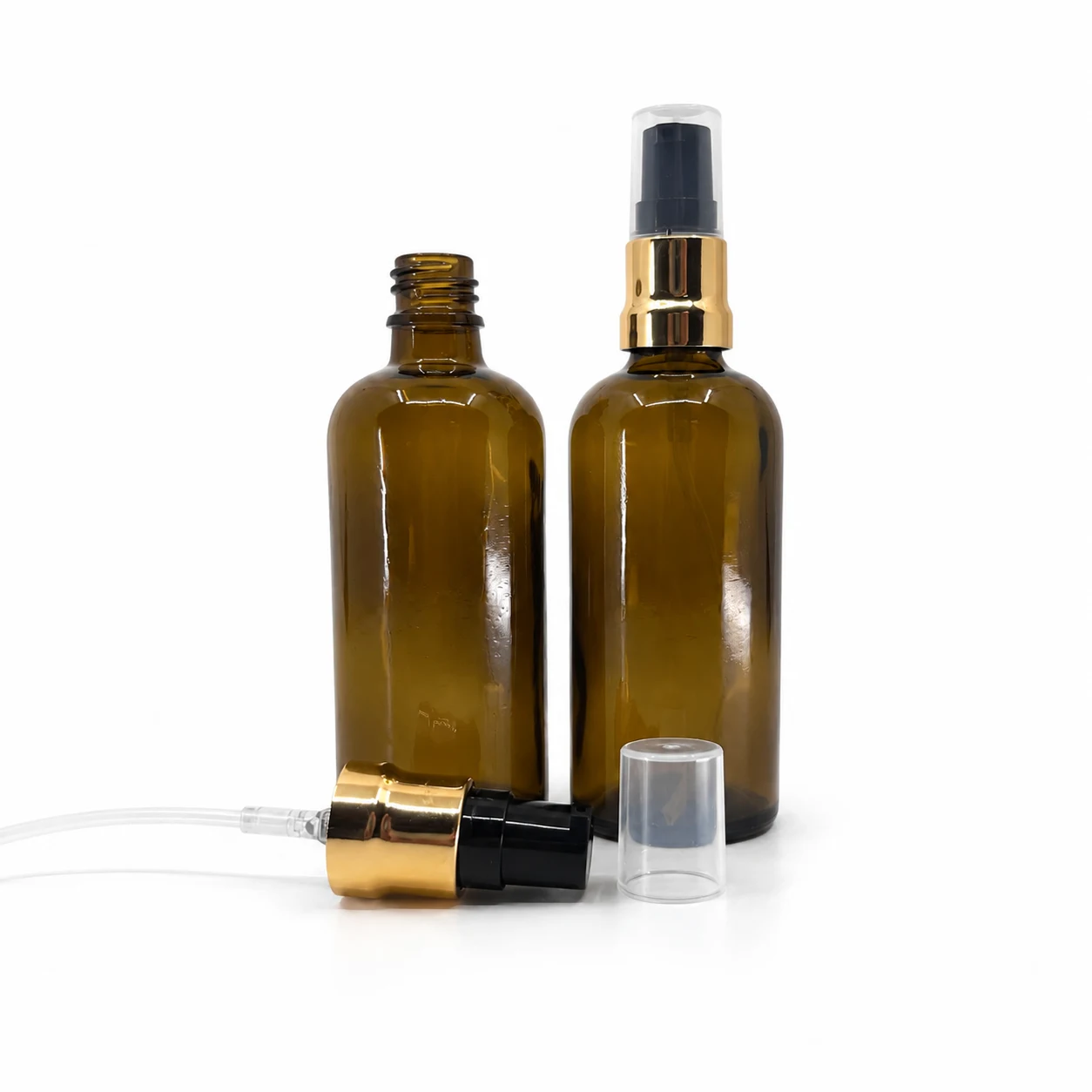 Sklenená fľaška, liekovka, hnedá, typ B, čierno-zlatý lesklý dákovač, priehľadný vrch, 100 ml
