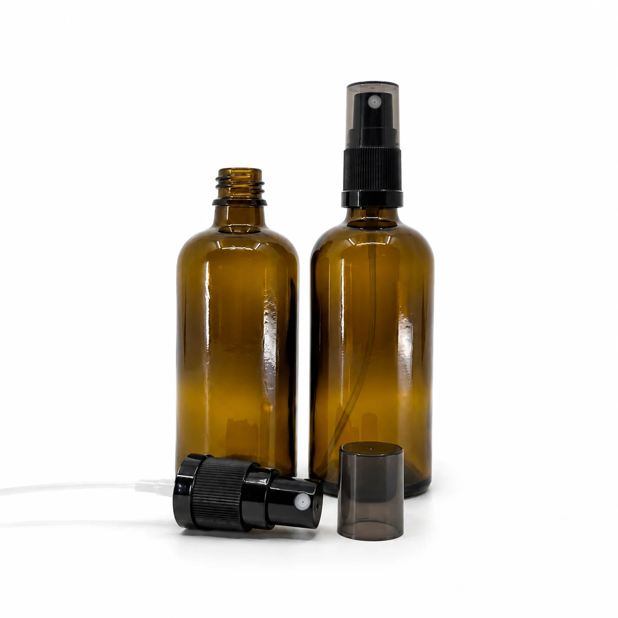 Sklenená fľaška, liekovka, typ B, čierny rozprašovač, dymový kryt, 100 ml