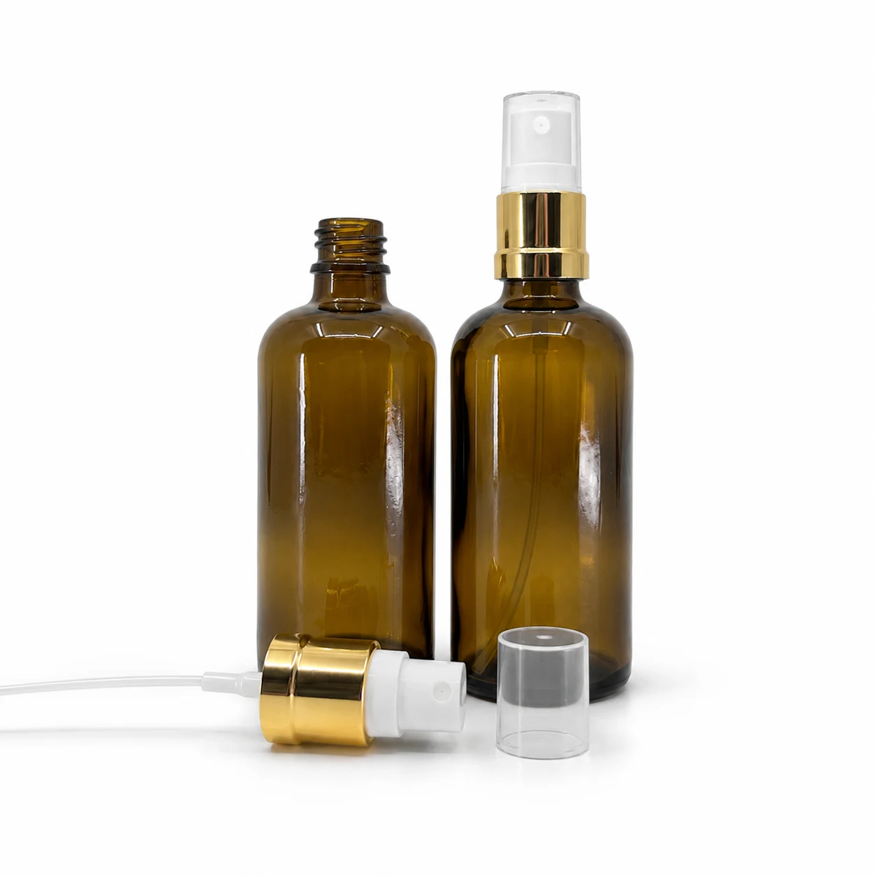 Sklenená fľaška, liekovka, typ B, bielo-zlatý rozprašovač, 100 ml