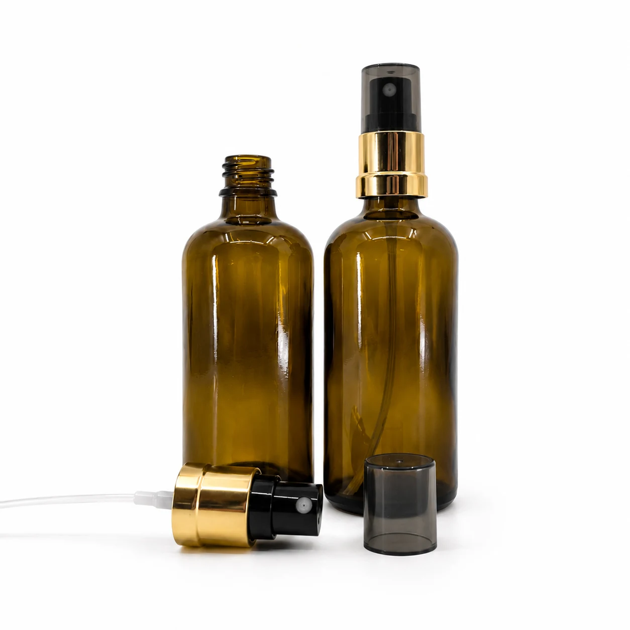 Sklenená liekovka, typ B, čierno-zlatý rozprašovač, dymový kryt, 100 ml