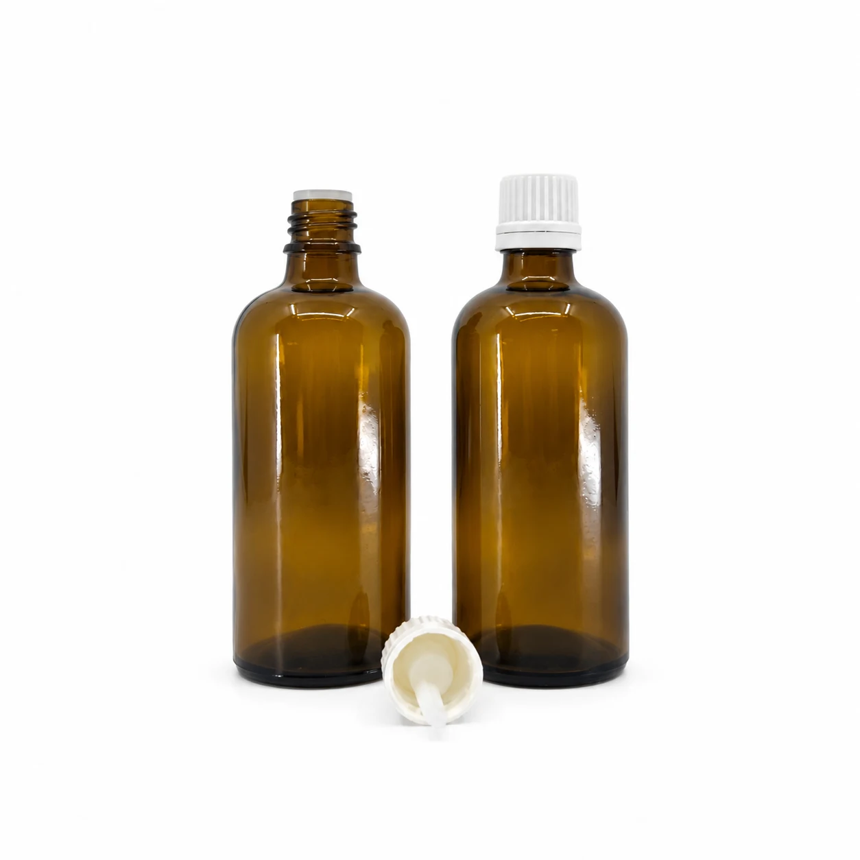 Sklenená fľaška, liekovka, typ B, biely vrchnák s kvapátkom, 100 ml