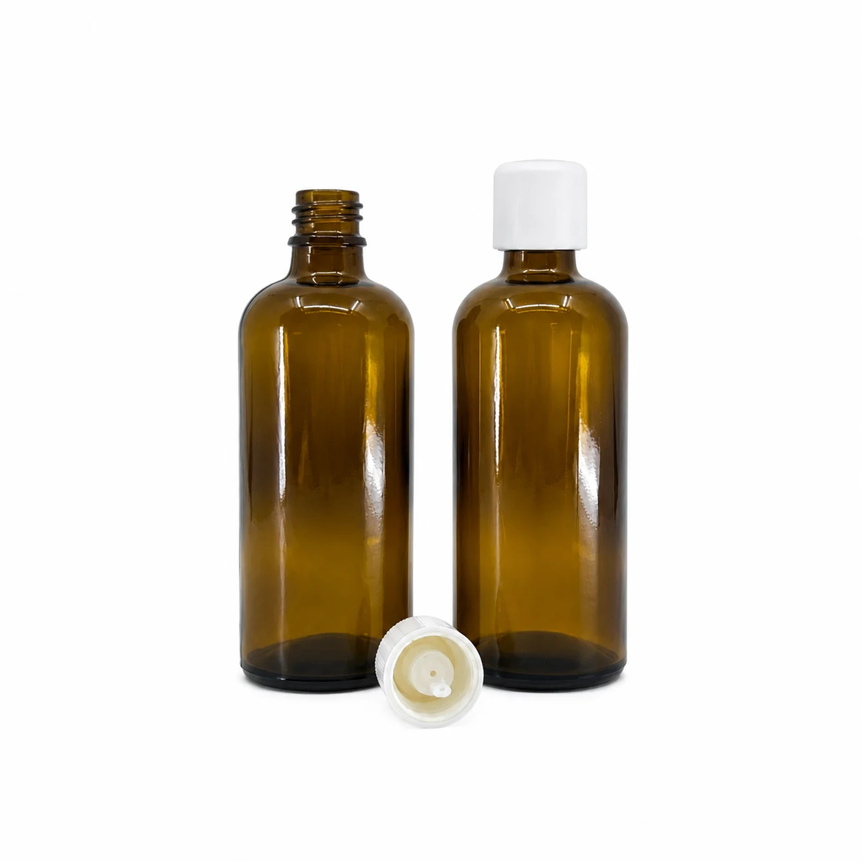 Sklenená fľaška, liekovka, typ B, biely vrchnák s poistkou, 100 ml