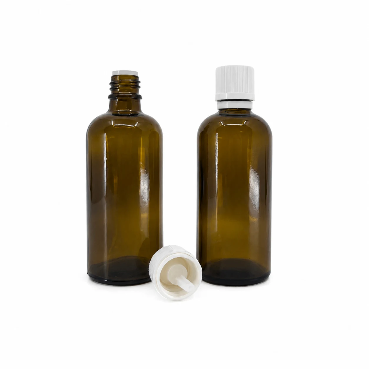 Sklenená fľaška, liekovka, typ B, biely vrúbkovaný vrchnák s poistkou, 100 ml