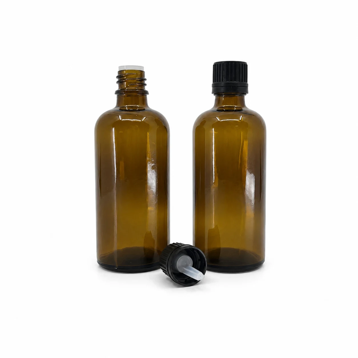 Sklenená fľaška, liekovka, typ B, čierny vrchnák s kvapátkom, 100 ml