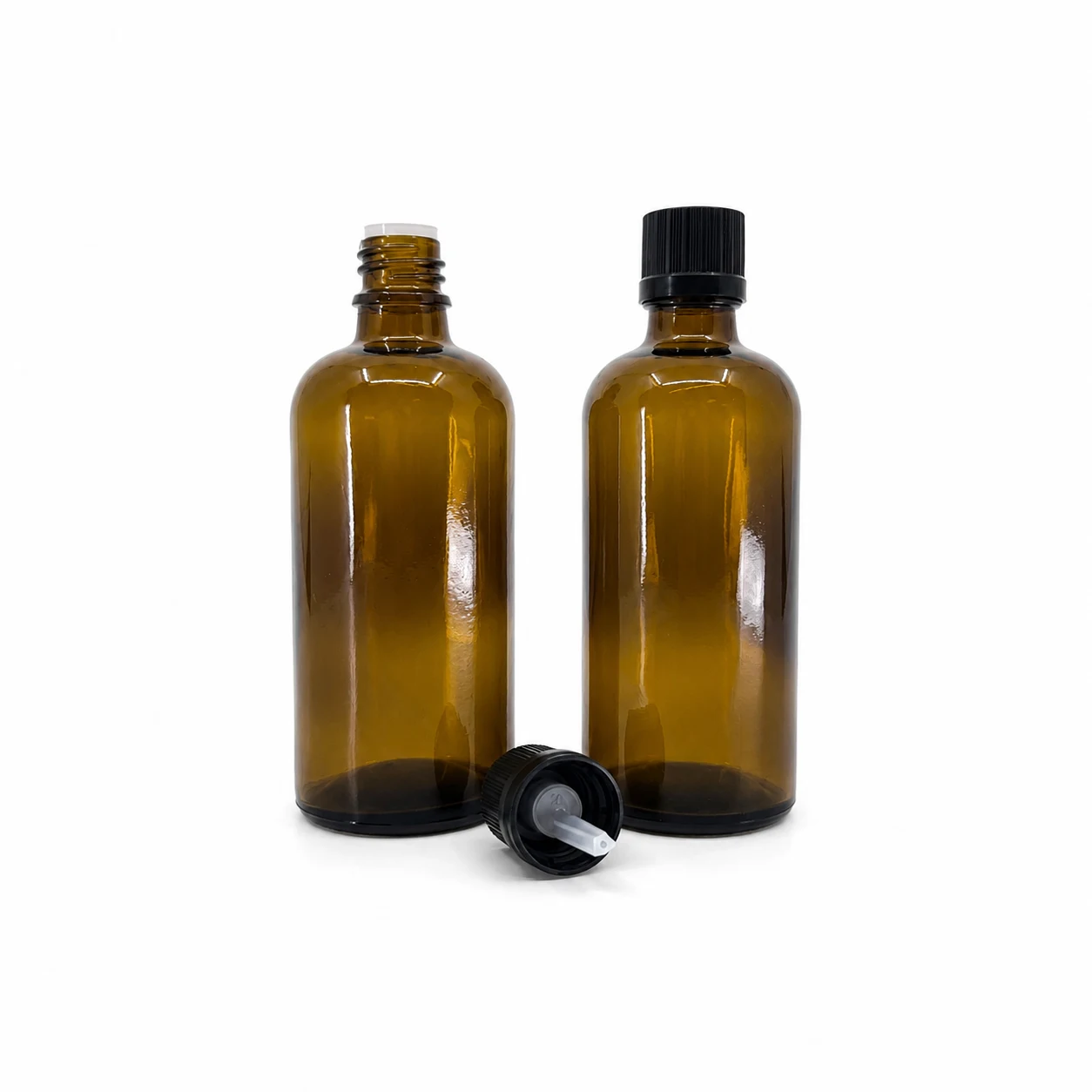 Sklenená fľaška, liekovka, typ B, čierny vrúbkovaný vrchnák s poistkou, 100 ml