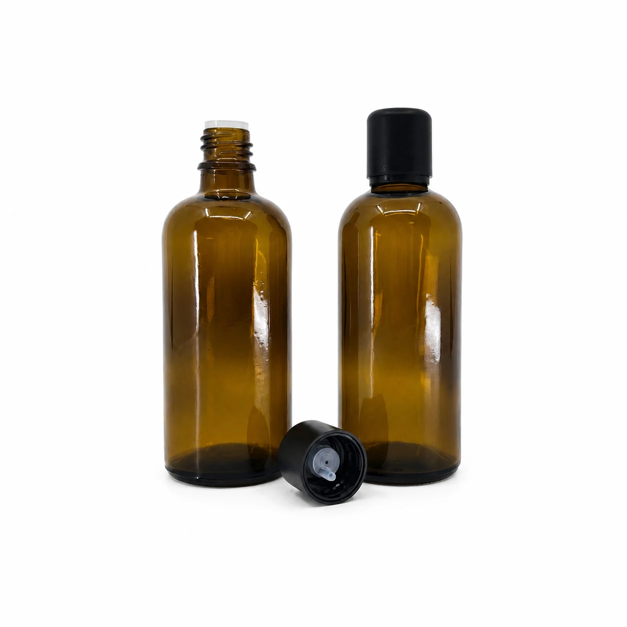 Sklenená fľaška, liekovka, typ B,čierny vrchnák s poistkou, 100 ml