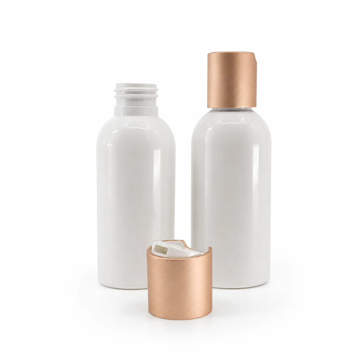 Weiße Kunststoffflasche, Disc-Top-Verschluss in mattem Roségold, 100 ml