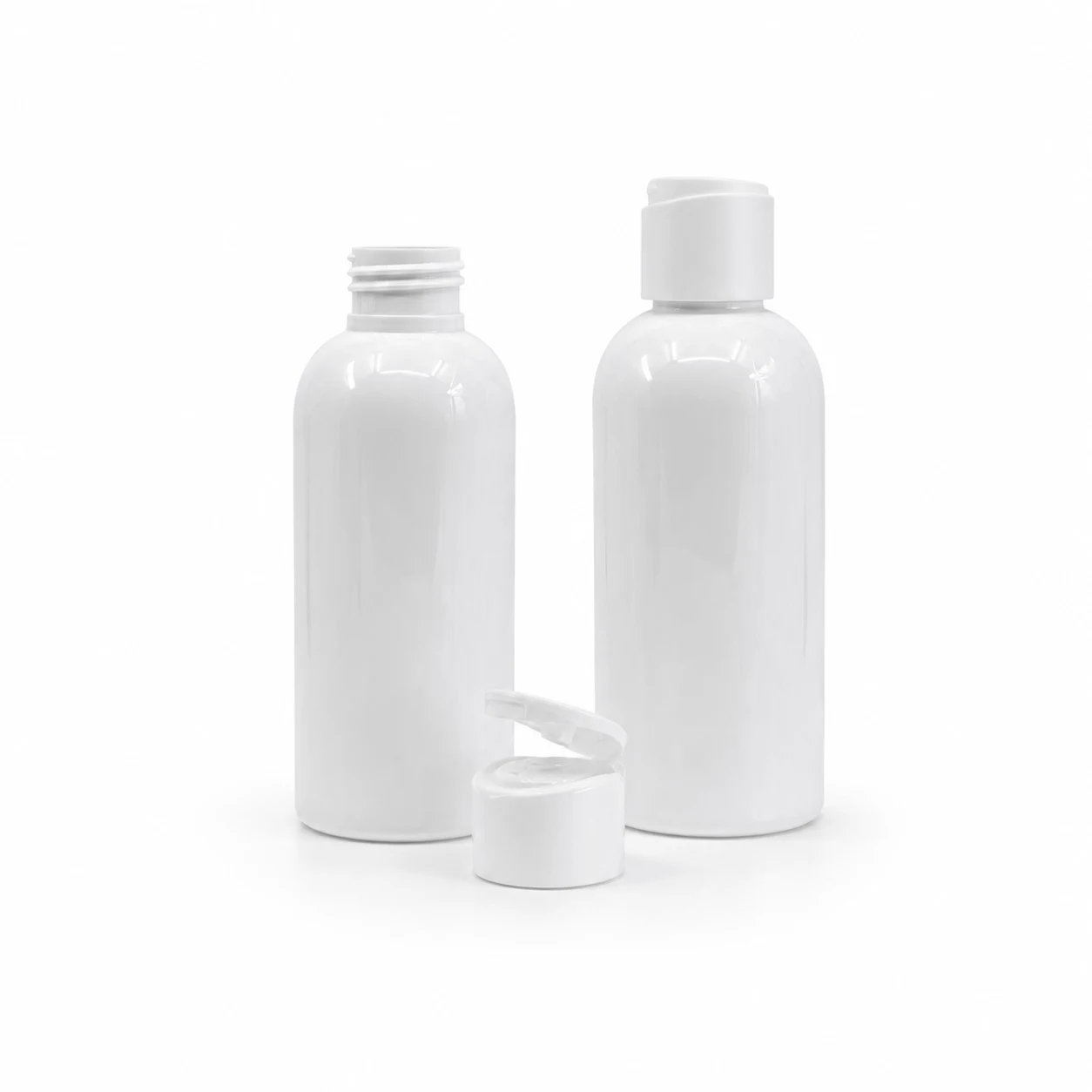 Kunststoffflasche, weiß, mattweißer Flip-Top-Verschluss, 150 ml