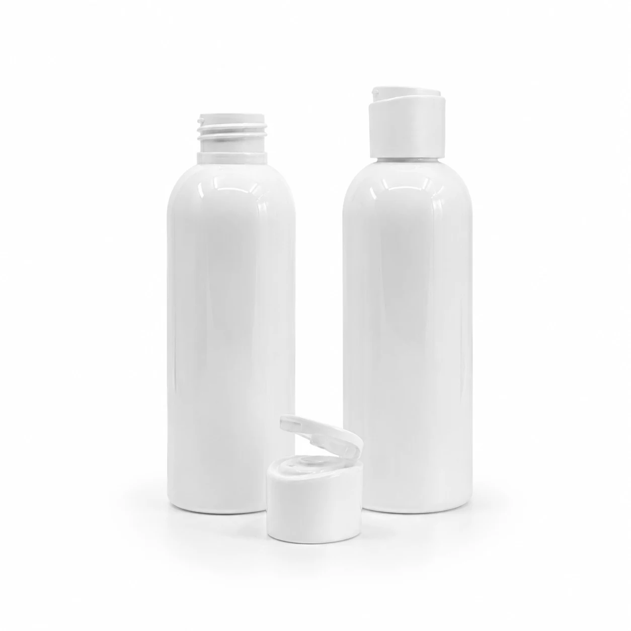 Weiße Kunststoffflasche, matter weißer Flip-Top-Verschluss, 200 ml