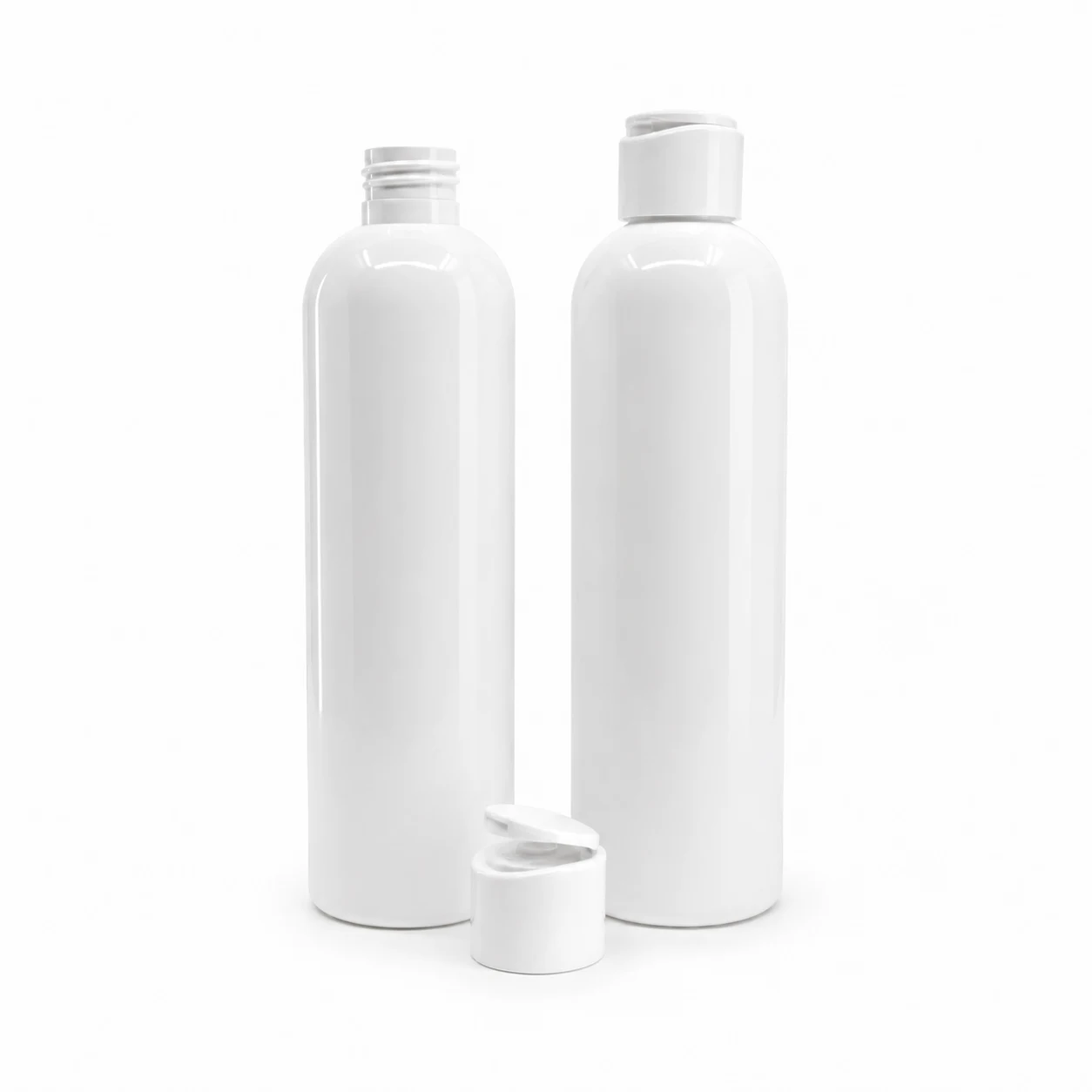 Weiße Kunststoffflasche, mattweißer Klappverschluss, 250 ml