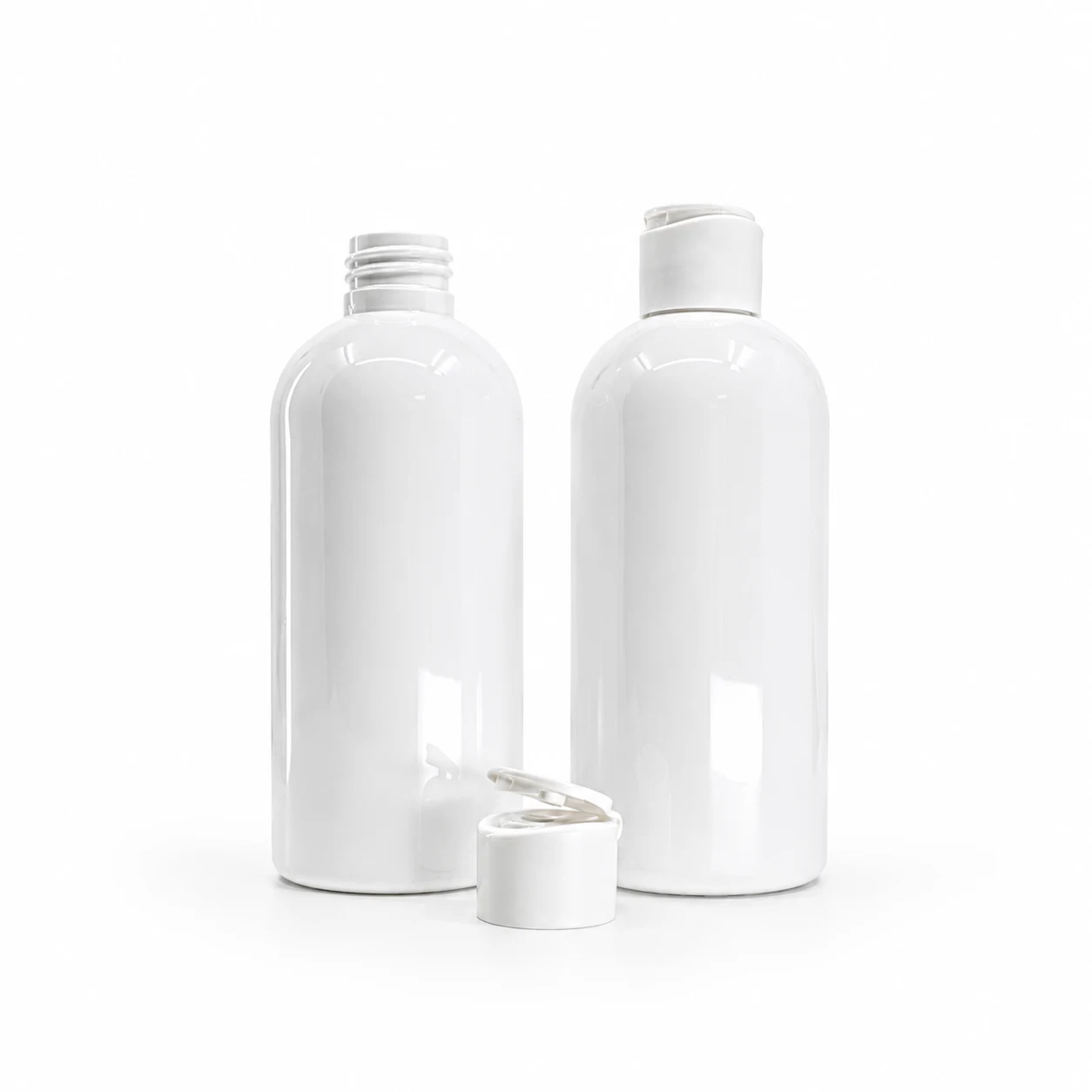 Weiße Kunststoffflasche, mattweißer Klappverschluss, 300 ml