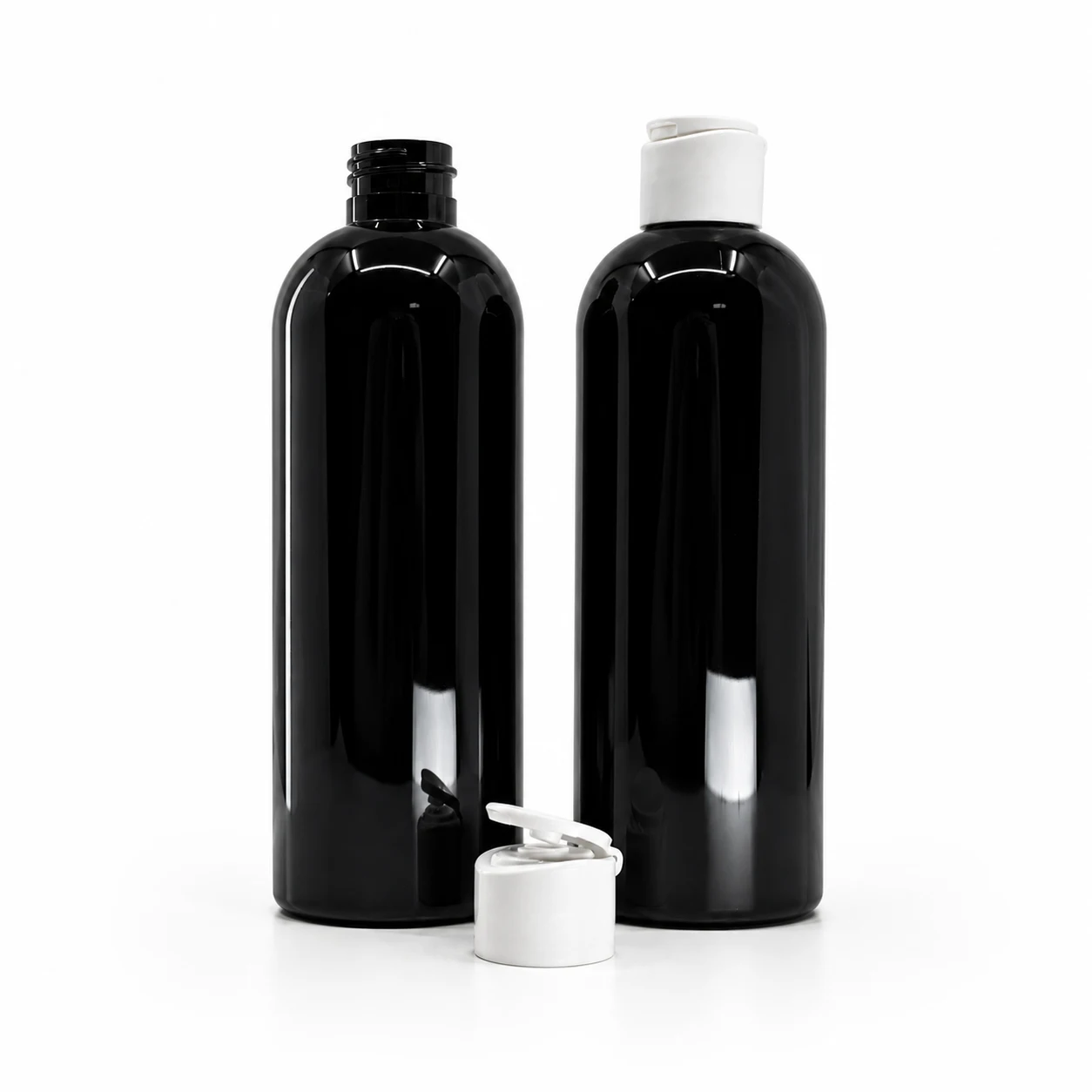 Kunststoffflasche, schwarz glänzend, mattweißer Flip-Top-Verschluss, 200 ml