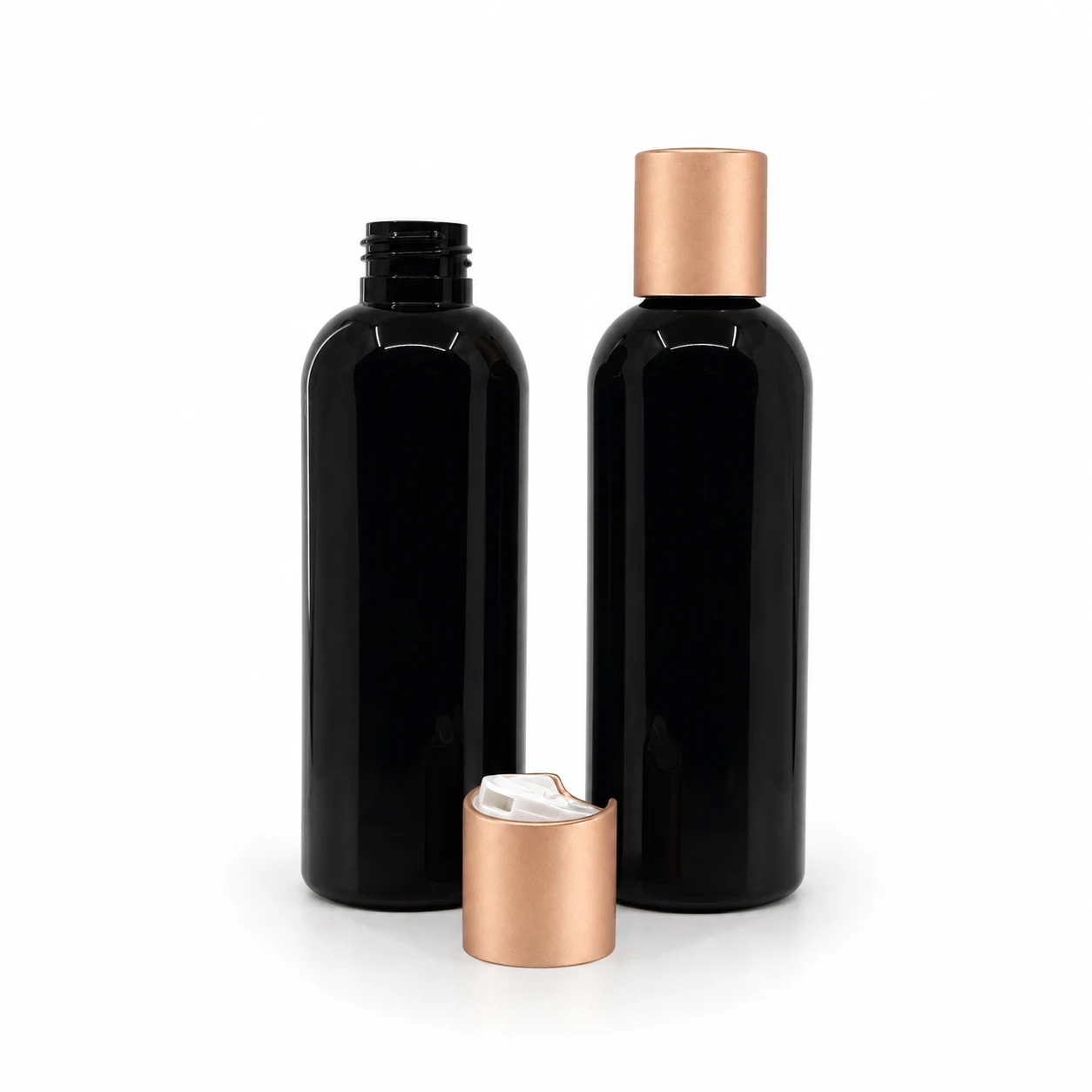 Plastová fľaša, čierna lesklá, disc top vrchnák, ružovo-zlatý matný, 200 ml