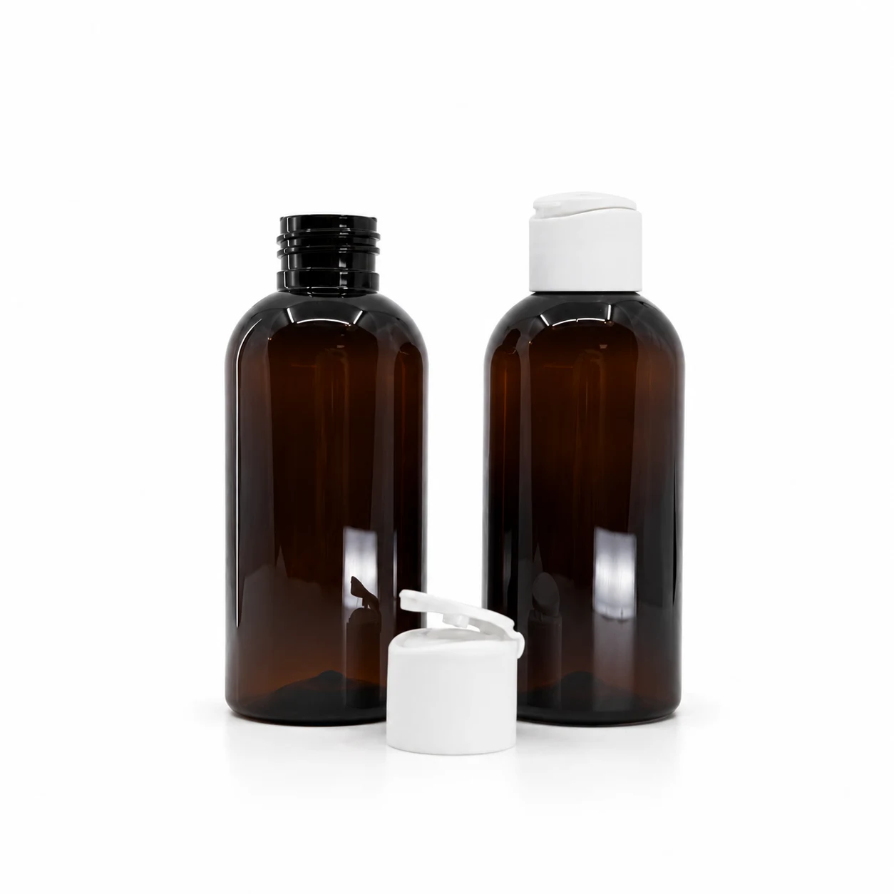 Kunststofffläschchen, braun, 100 ml, mattweißer Klappverschluss