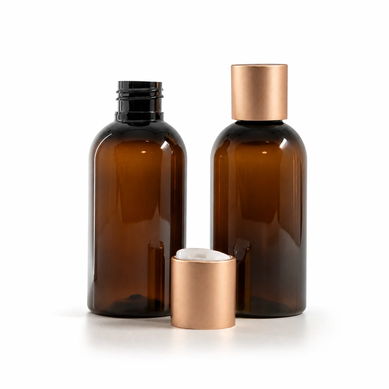 Plastová fľaša, hnedá, disc top vrchnák, ružovo-zlatý matný, 100 ml