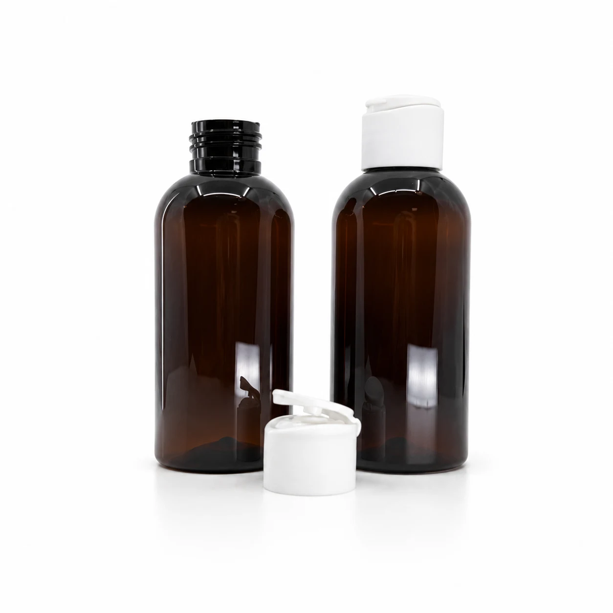 Kunststoffflasche, braun, matter weißer Flip-Top-Verschluss, 150 ml