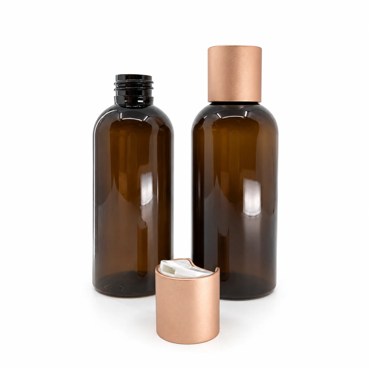 Plastová fľaša, hnedá, disc top vrchnák, ružovo-zlatý matný, 150 ml