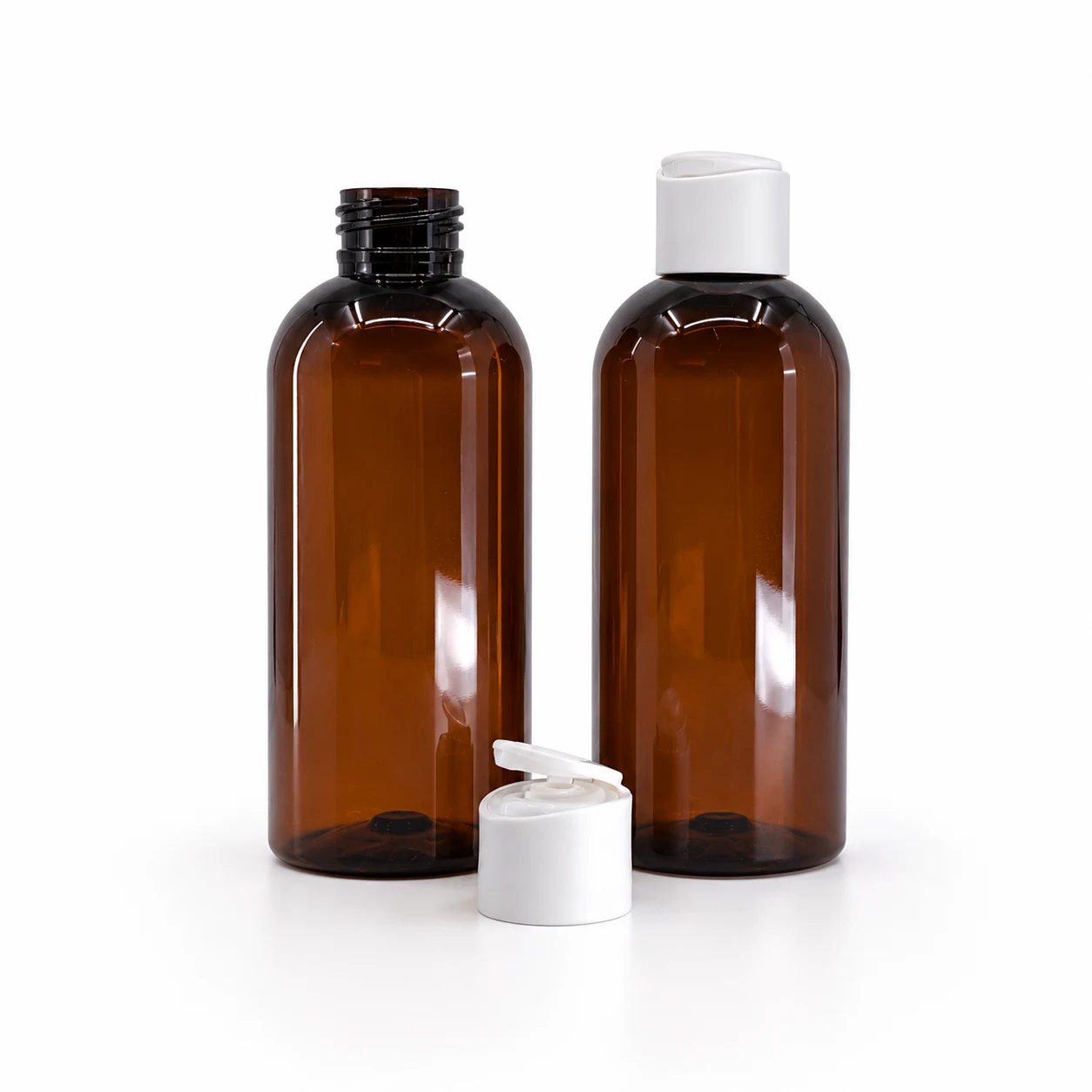 Braune Kunststoffflasche, 200 ml, mattweißer Flip-Top-Verschluss