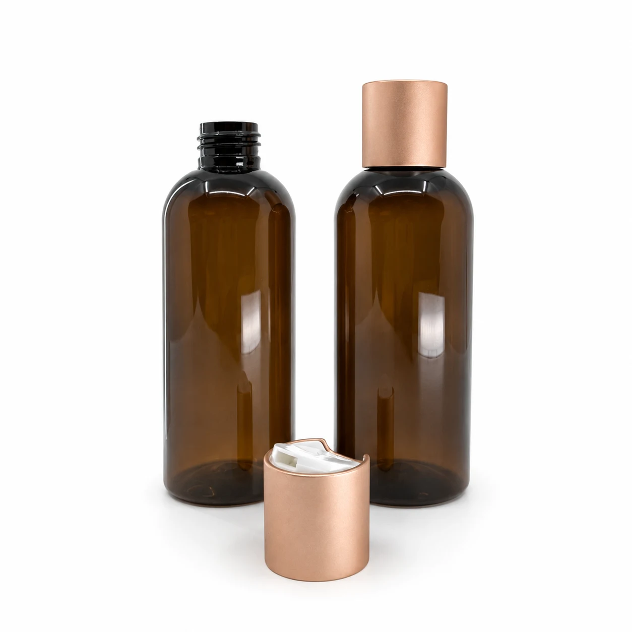 Plastová fľaša, hnedá, disc top vrchnák, ružovo-zlatý matný, 200 ml