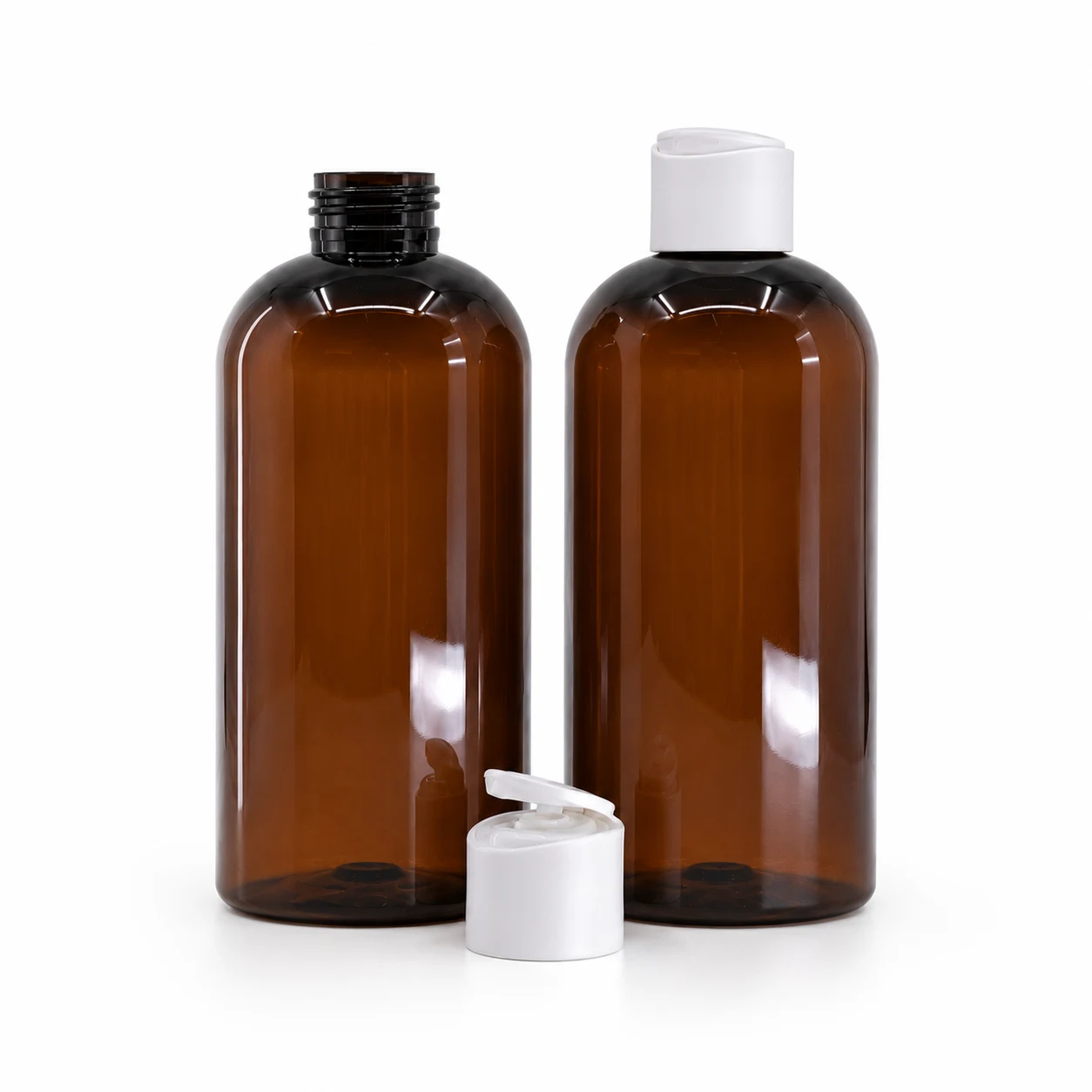 Braune Kunststoffflasche, mattweißer Flip-Top-Verschluss, 300 ml
