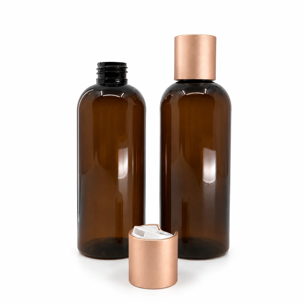 Plastová fľaša, hnedá, disc top vrchnák, ružovo-zlatý matný, 300 ml