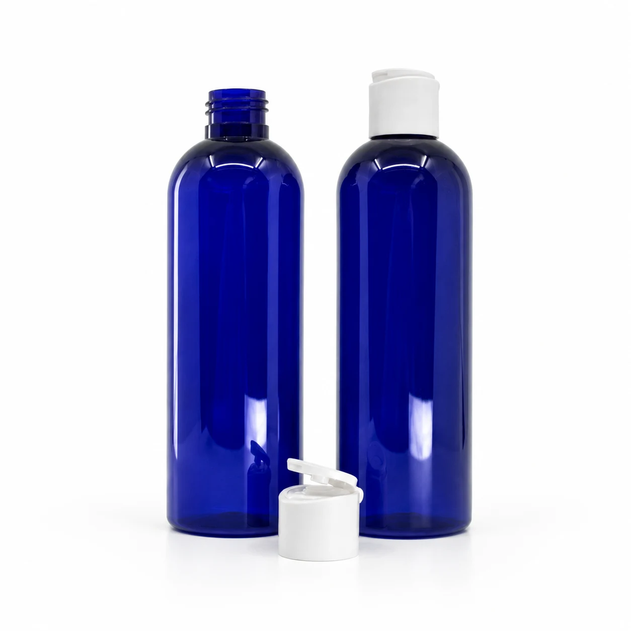 Blaue Kunststoffflasche, 200 ml, mattweißer Flip-Top-Verschluss