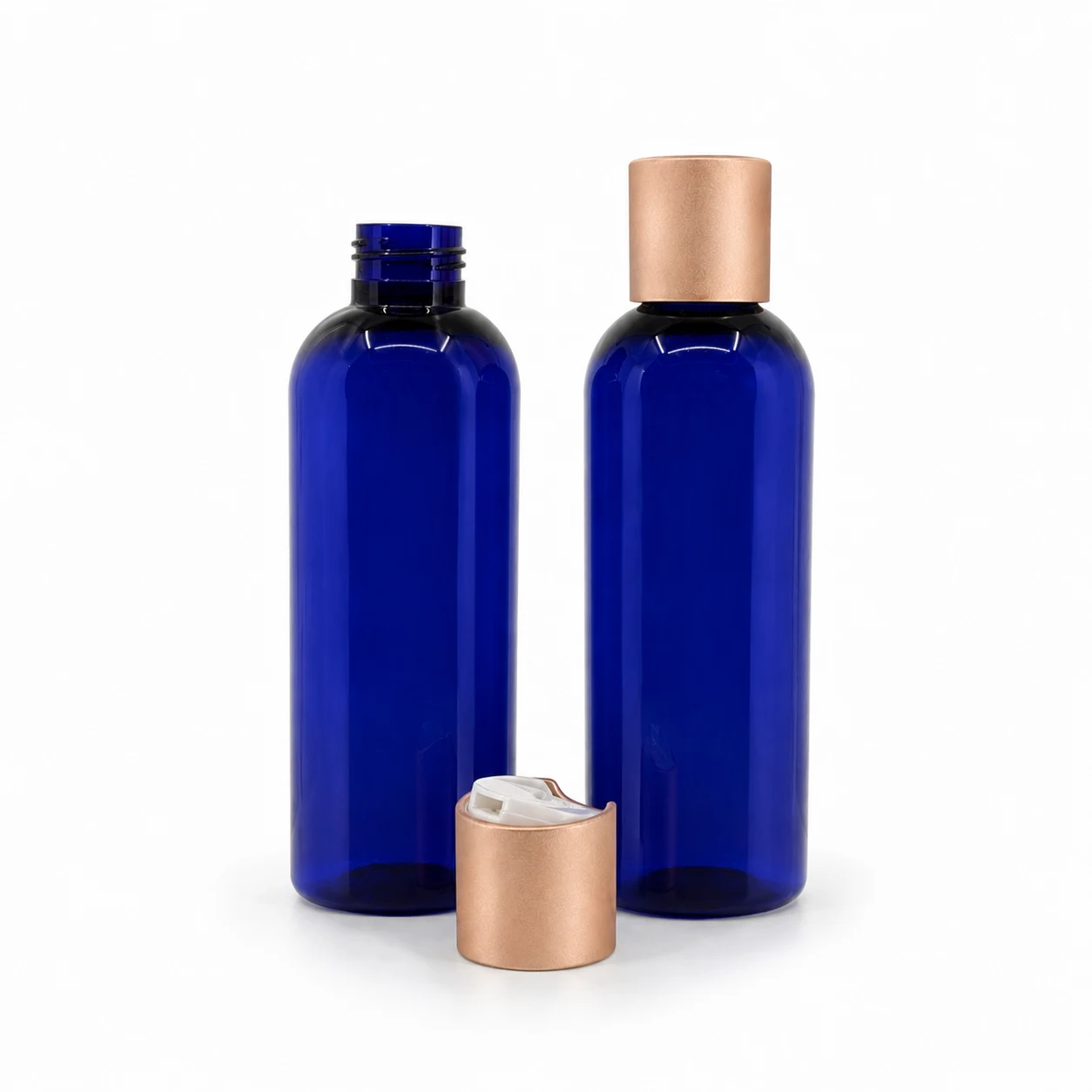 Kunststoffflasche, blau, Disc-Top-Verschluss, matt roségold, 200 ml