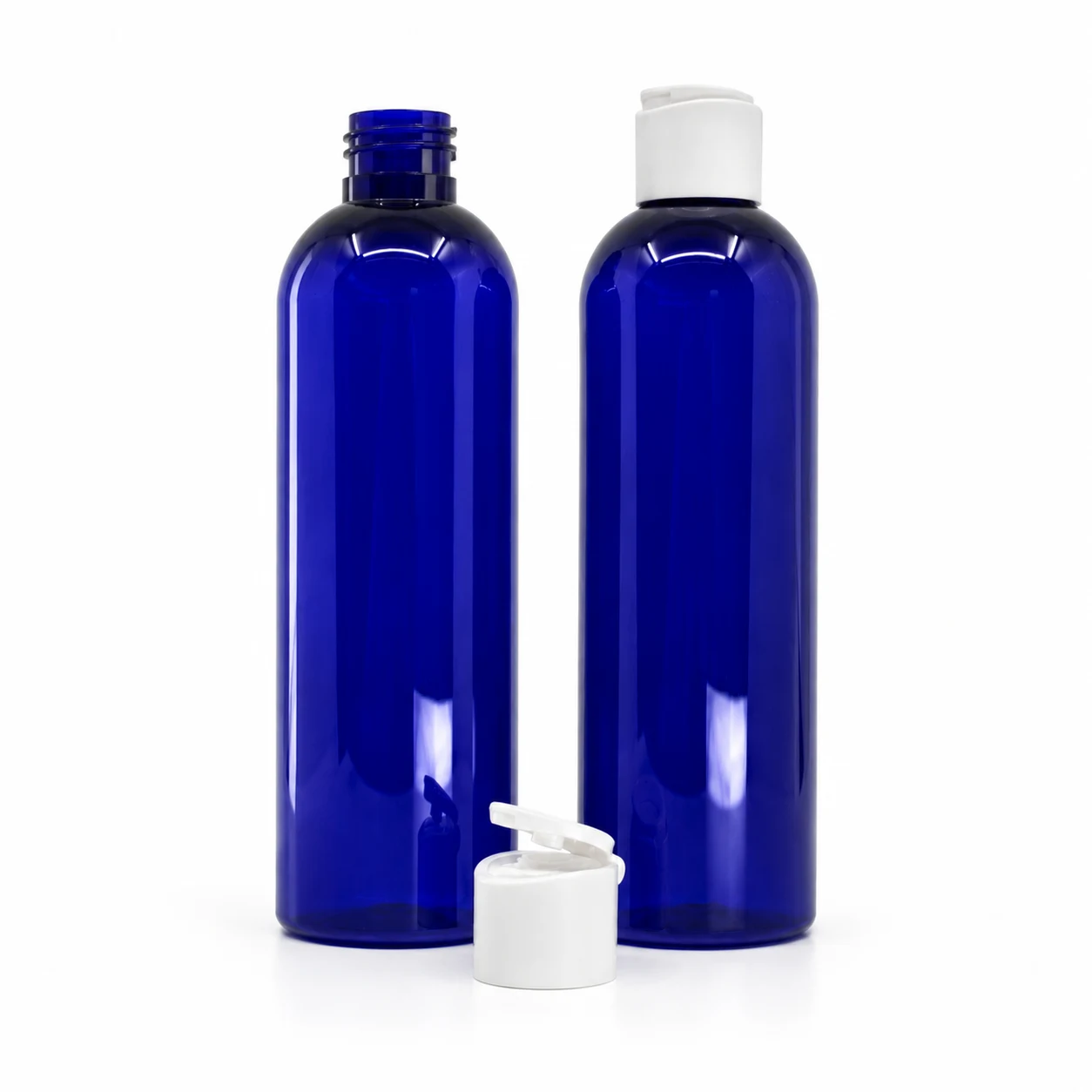 Blaue Kunststoffflasche, 250 ml, matter weißer Flip-Top-Verschluss