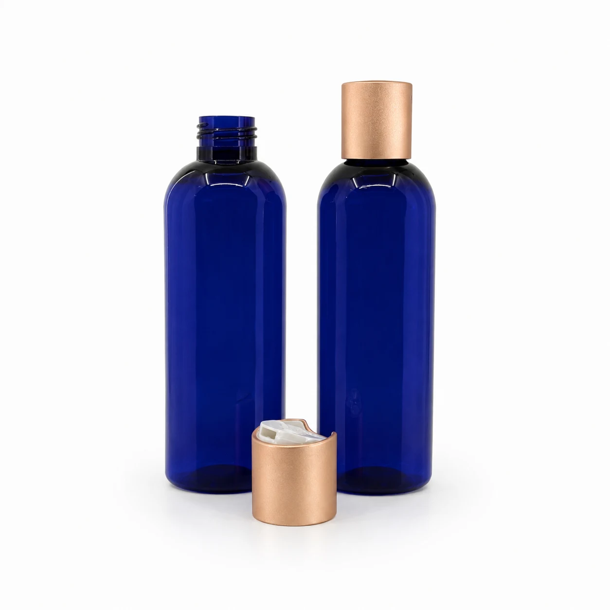 Kunststoffflasche, blau, Disc-Top-Verschluss, mattes Roségold, 250 ml
