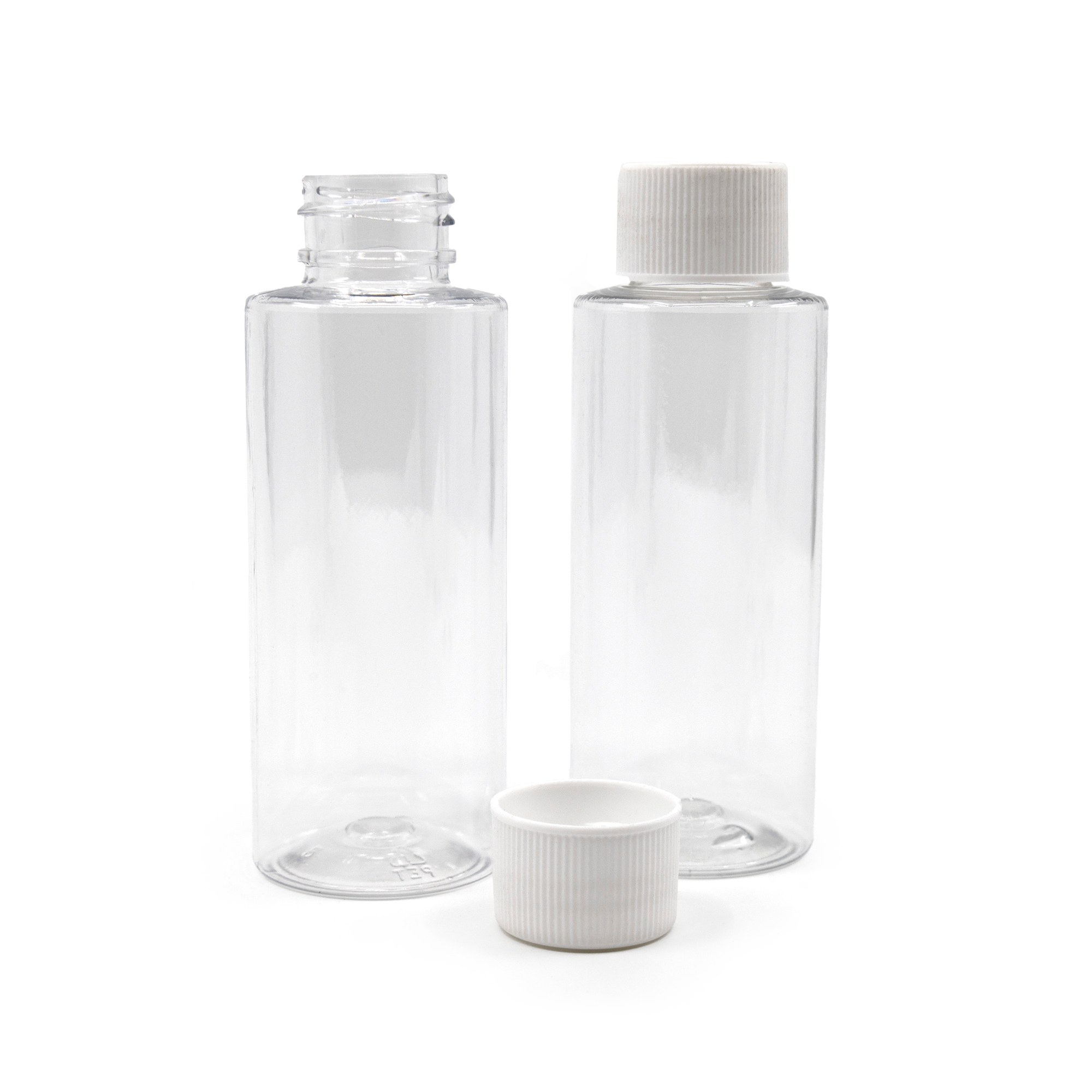 Átlátszó műanyag üvegcse, fehér kupak, 100 ml