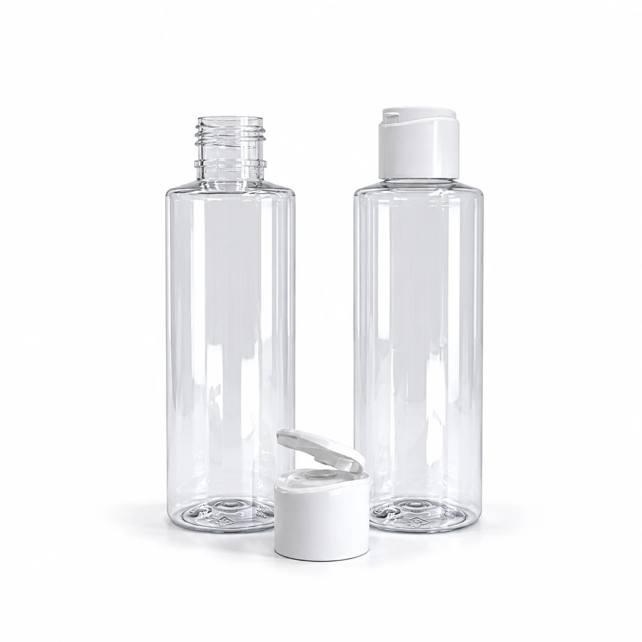 Transparente Kunststofffläschchen, mattweißer Flip-Top-Verschluss, 100 ml