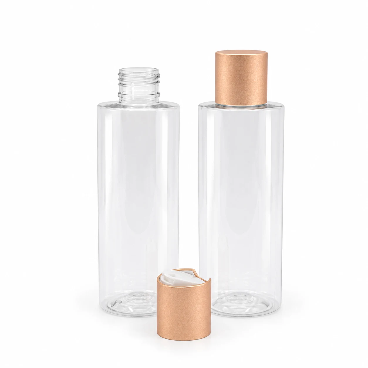Transparente Kunststoffflasche mit Disc-Top-Verschluss und mattem roségoldenem Ring, 100 ml