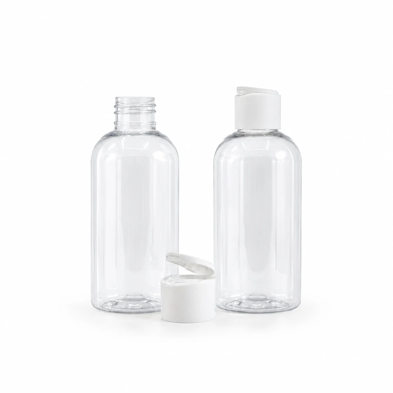 Transparente Kunststoffflasche, mattweißer Flip-Top-Verschluss, 100 ml