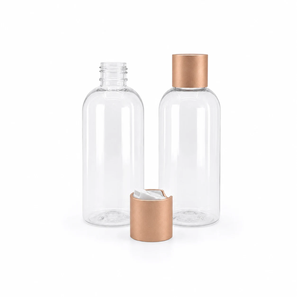 Runde transparente Kunststoffflasche, Disc-Top-Verschluss in mattem Roségold, 100 ml