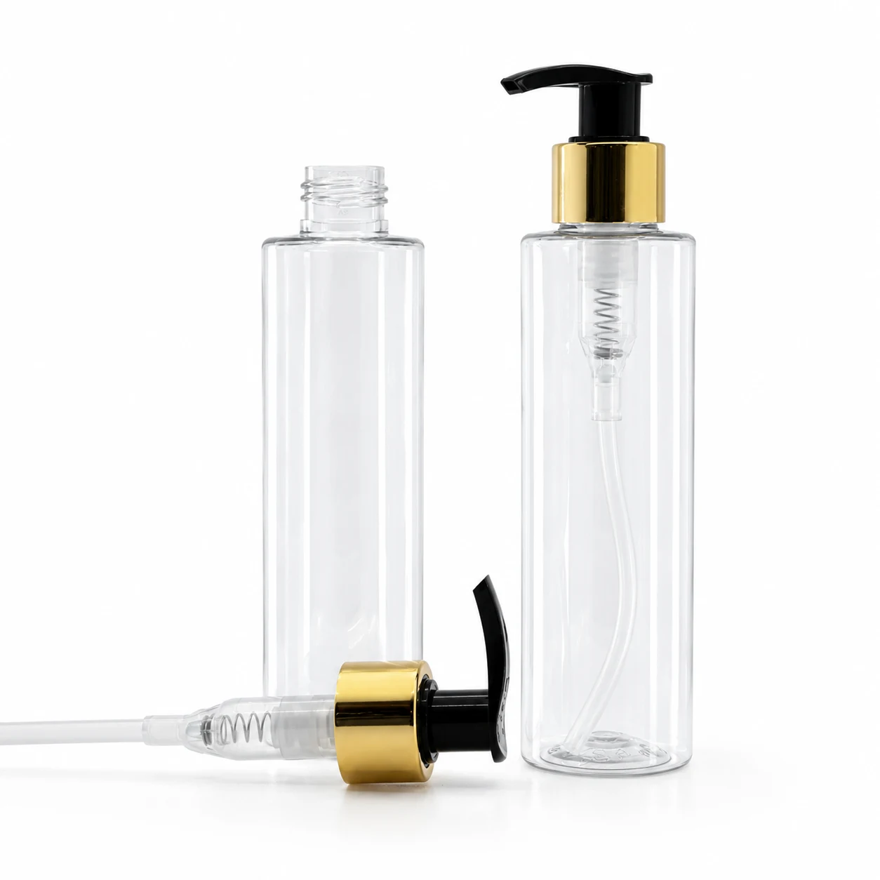 Transparente Kunststofffläschchen, goldener Dispenserspender, 100 ml
