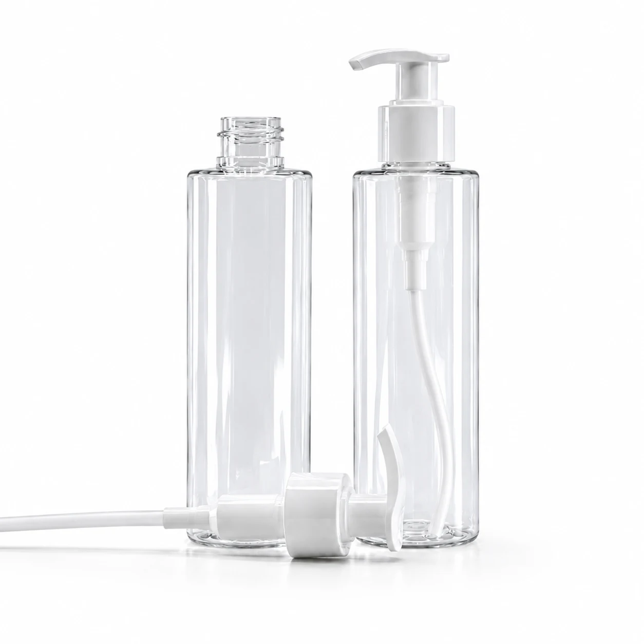 Hohe Kunststofffläschchen, transparent, weiße Pumpe, 100 ml