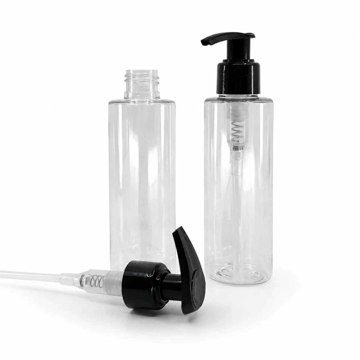 Kunststofffläschchen, transparent, schwarze Pumpe, 100 ml