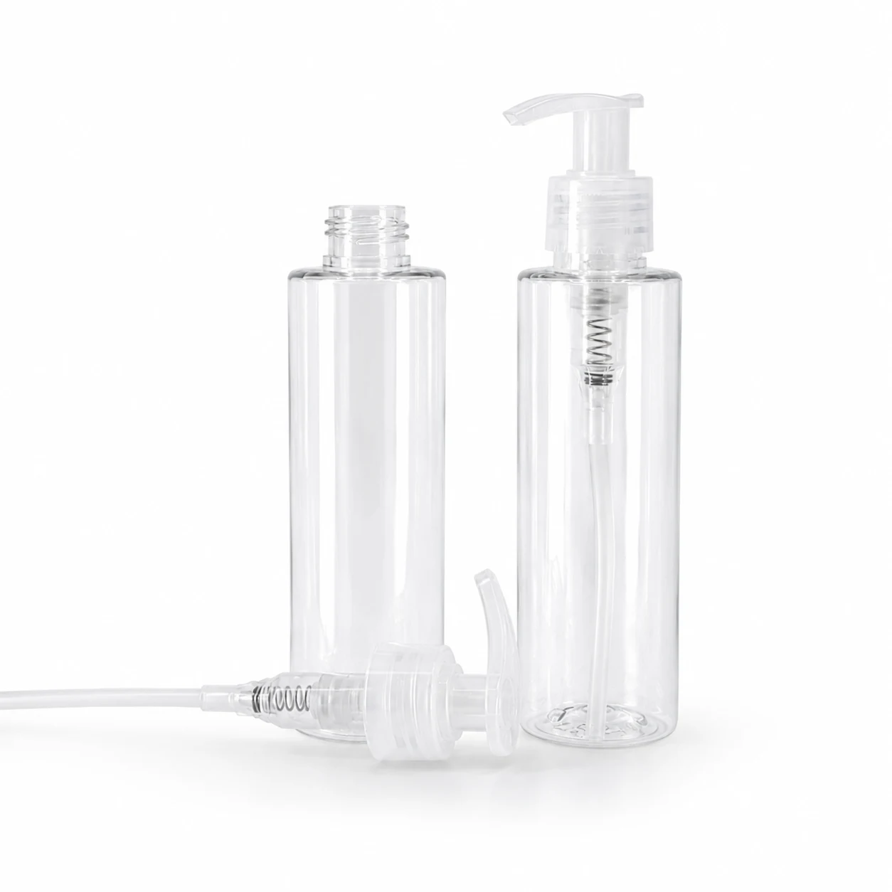 Plastová fľaša priehľadná, vysoká, priehľadný dávkovač, 100 ml