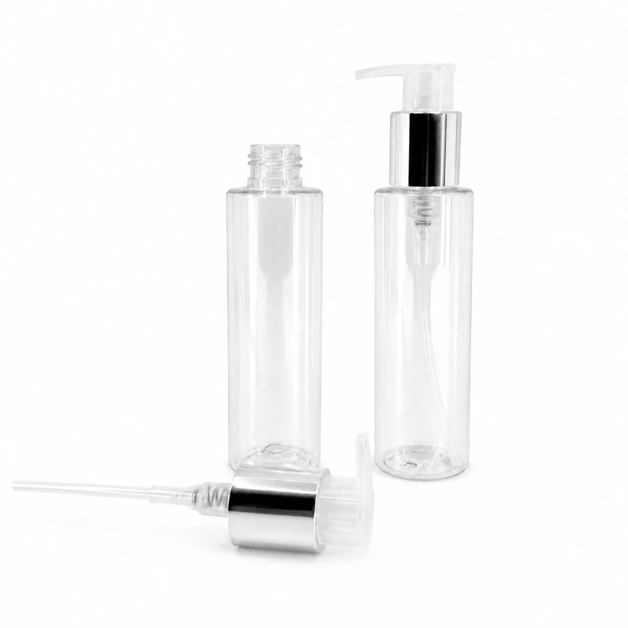 Plastová fľaša priehľadná, vysoká, dávkovač strieborný, 100 ml