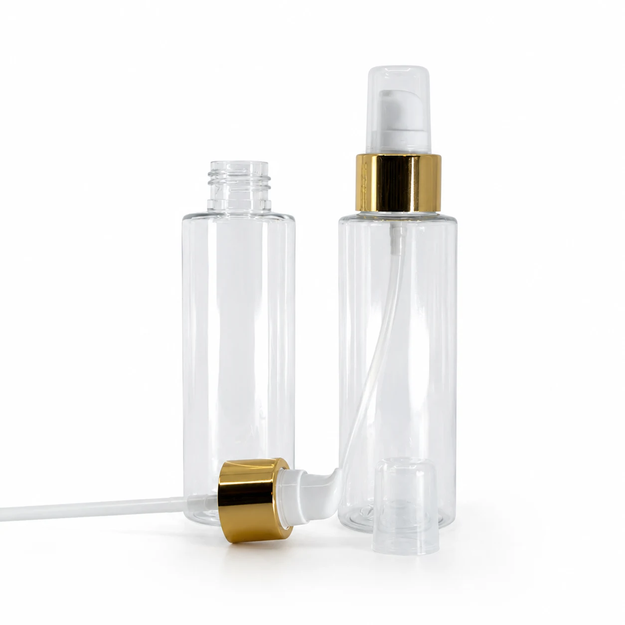 Transparente Kunststoffflasche, weiße Lotionpumpe mit Überkappe, glänzendes Gold, 100 ml