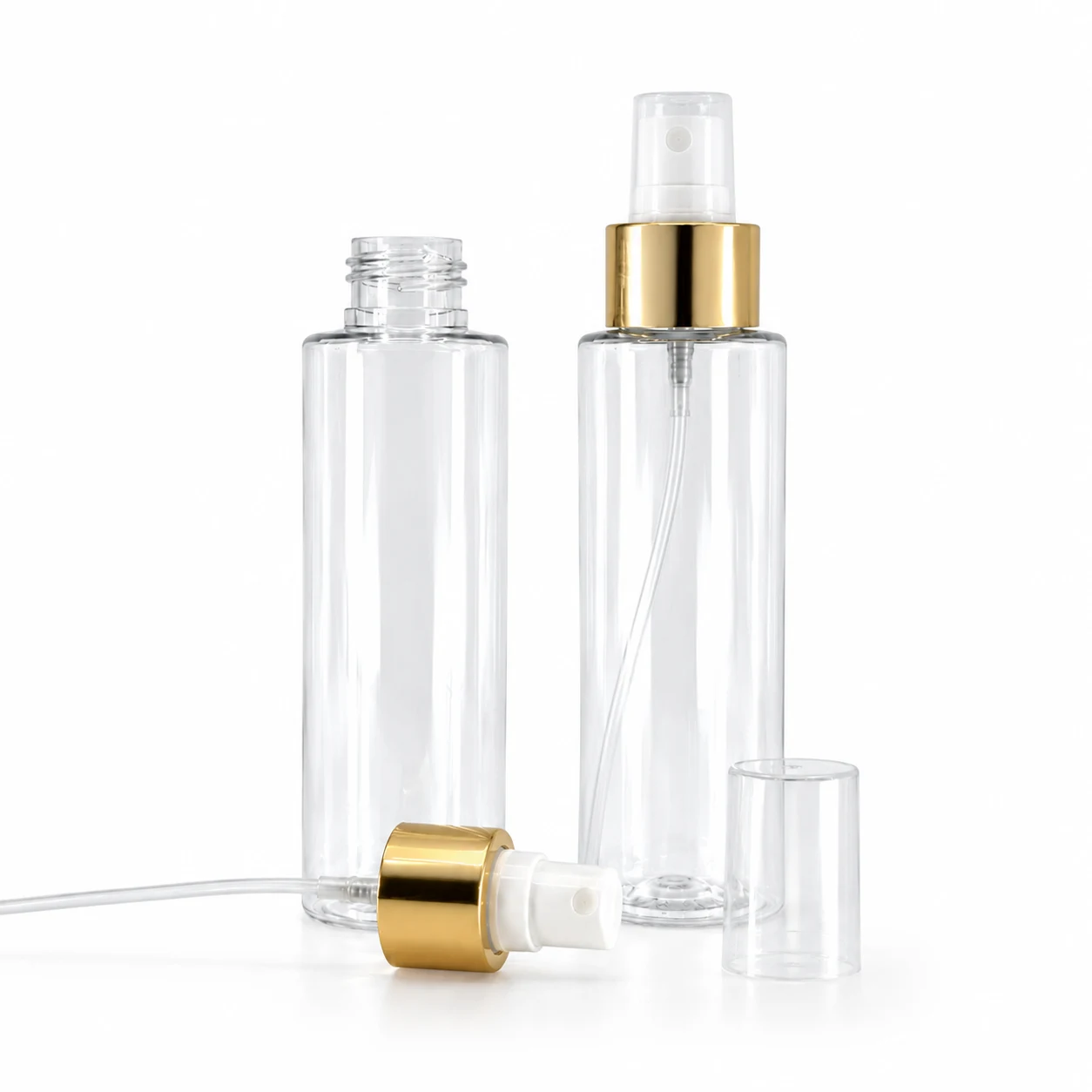 Hohe transparente Kunststofffläschchen, weißer Sprühzerstäuber, glänzender goldener Ring, 100 ml