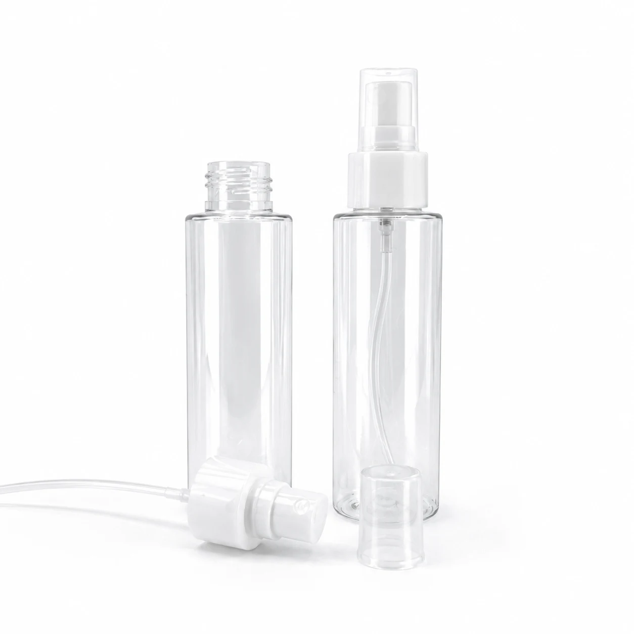 Transparente Kunststofffläschchen, weißer Sprühzerstäuber, 100 ml
