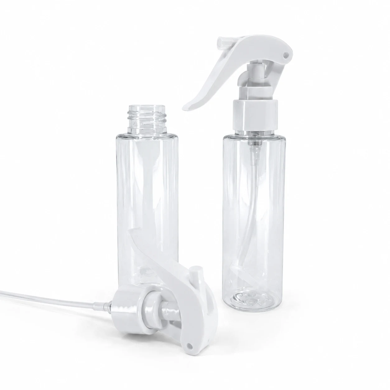 Bottiglia alta in plastica trasparente, spruzzatore a grilletto bianco, 100 ml