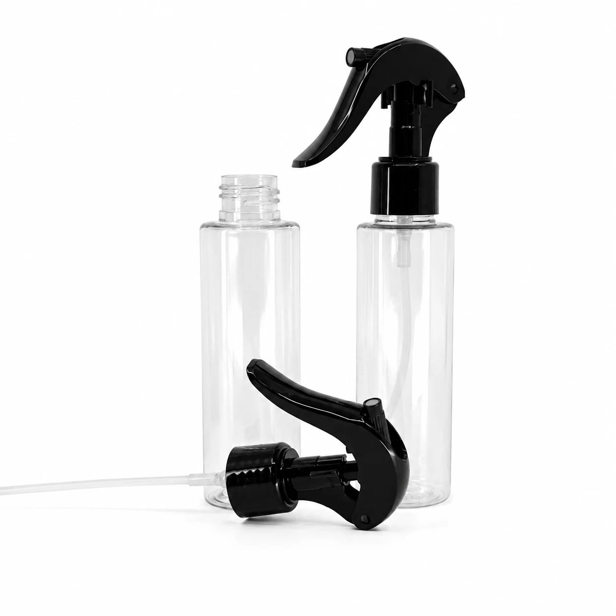 Flacon plastique transparent, haut, pulvérisateur à gâchette noir, 100 ml
