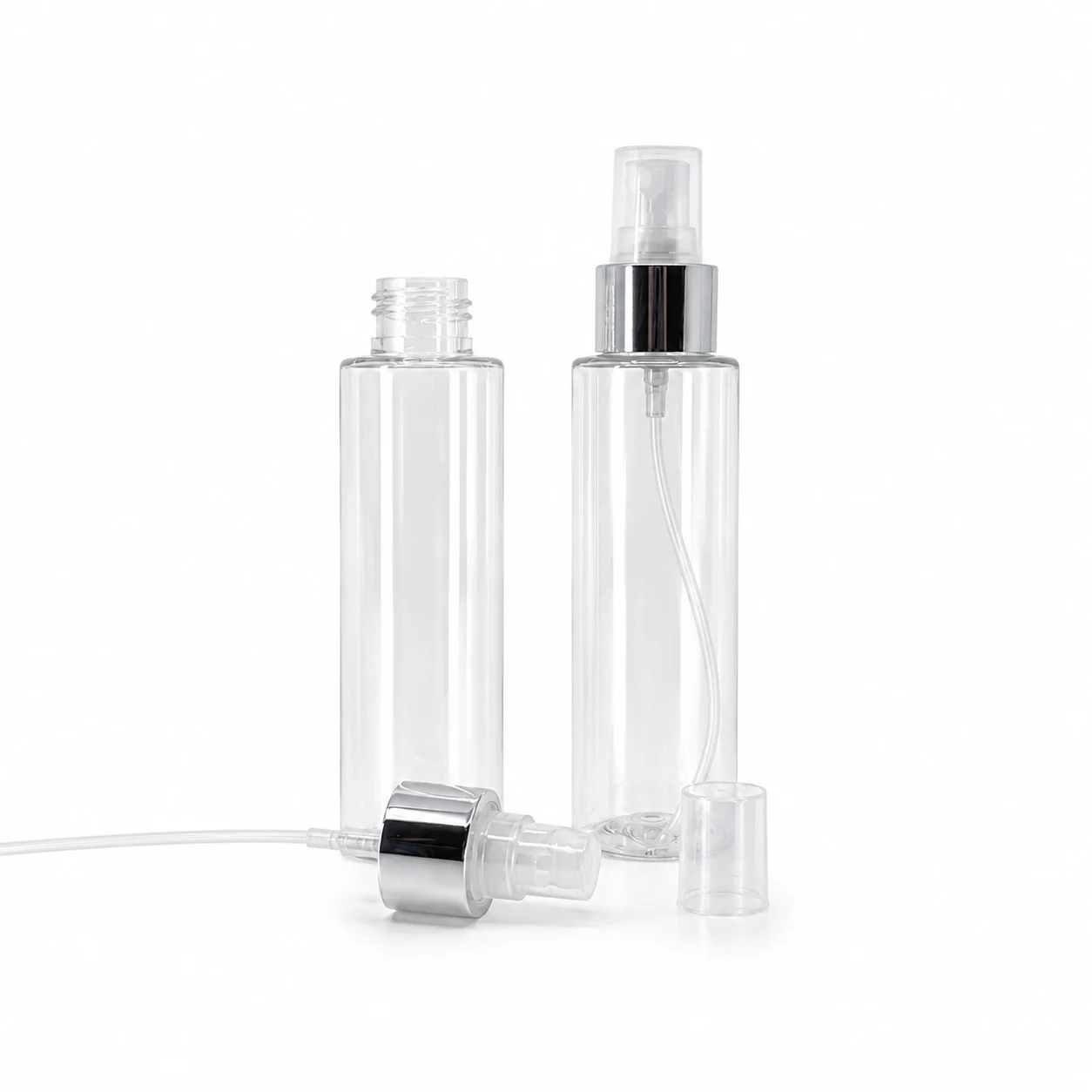 Transparente Kunststofffläschchen, Sprühzerstäuber, glänzender silberner Ring, 100 ml
