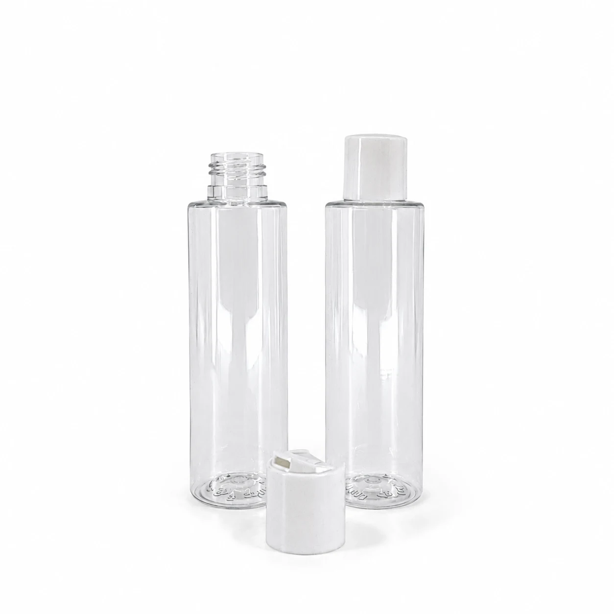 Plastová fľaša priehľadná, vysoká, disc top biely, 100 ml