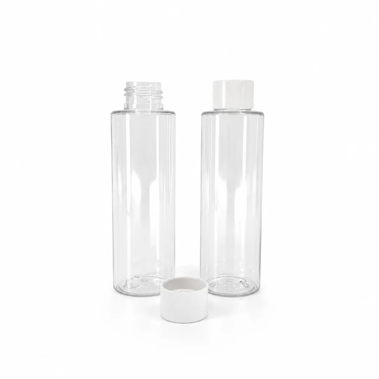 Plastová fľaša priehľadná, vysoká, vrchnák matný biely, 100 ml